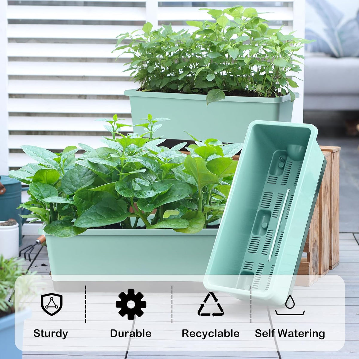Window Box Planter 8 Pcs, 17 Inches Rectangle Flower Pots with Drainage Holes and Trays, Vegetable