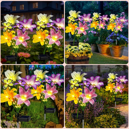 Solar Garden Lights Outdoor, 4 Pack Flower Lights for Outside, 16 Solar Lilies with Butterflies