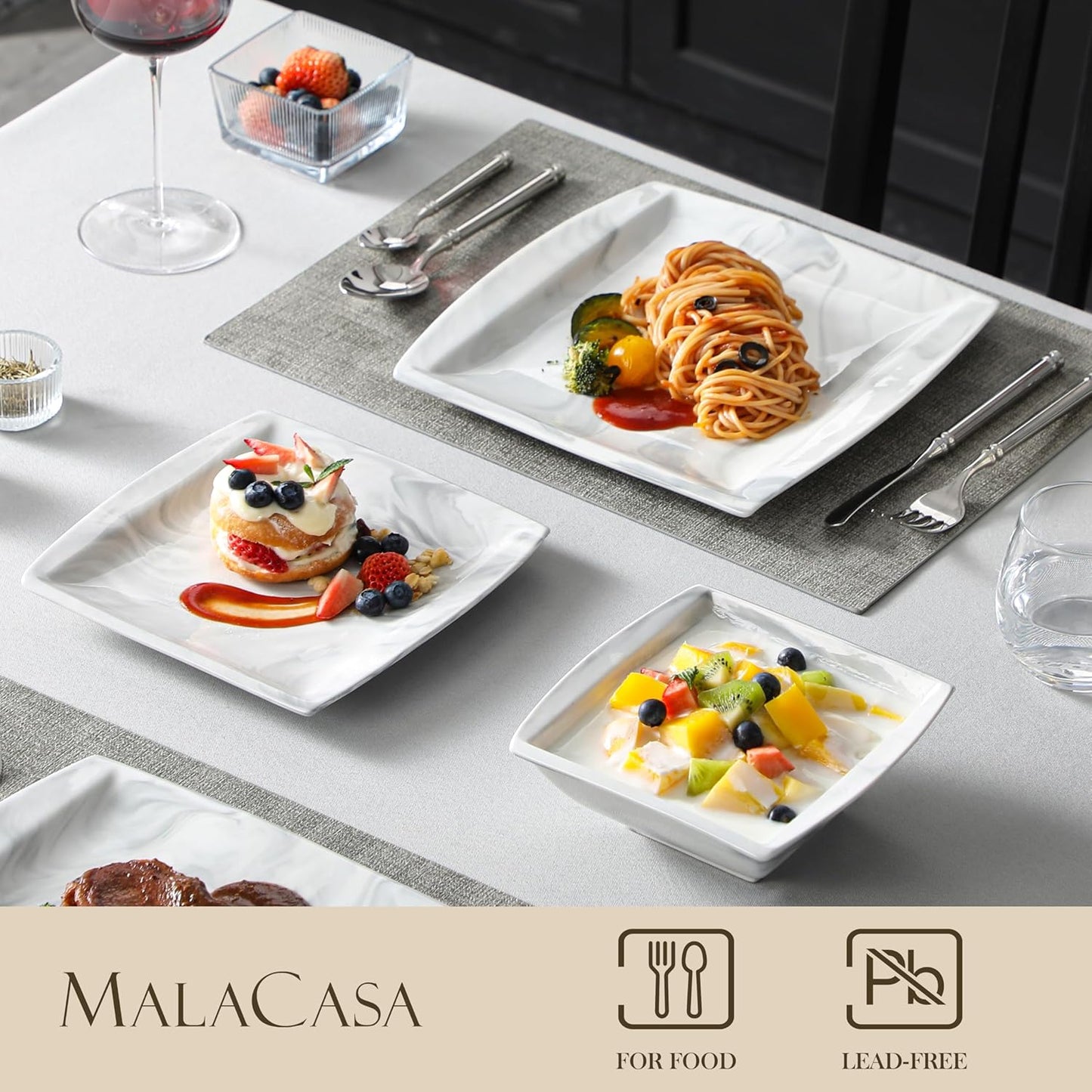 MALACASA Plates and Bowls Sets, 12-Piece Porcelain Dinnerware Sets for 4, Square Plates and Bowls