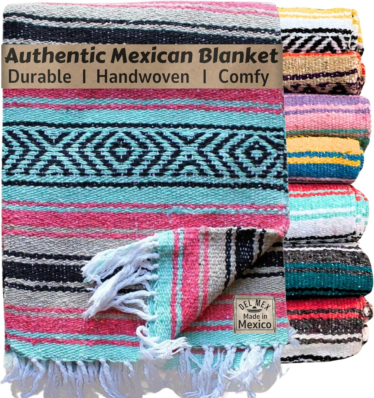 Del Mex Classic Mexican Blanket, Large Authentic Woven Falsa Throw (70"x50"), Artisan Southwest