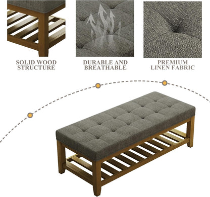 Large Rectangular Upholstered Ottoman Bench, Linen Tufted Footrest Ottoman with Solid Wood Shelf