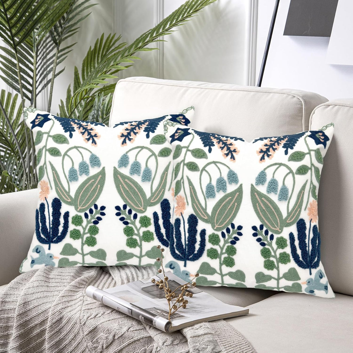 Alysheer Floral Embroidered Summer Decorative Throw Pillow Covers 20"x 20" Set of 2, Farmhouse