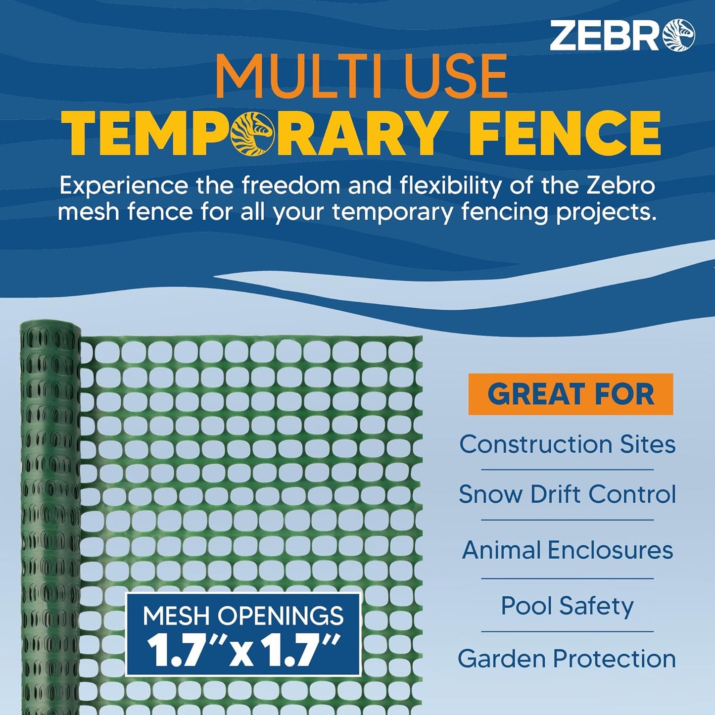 ZEBRO 4' x 100' Green Plastic Garden Fence Roll – Light Duty Mesh Fencing for Temporary Fence