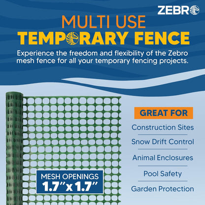 ZEBRO 4' x 100' Green Plastic Garden Fence Roll – Light Duty Mesh Fencing for Temporary Fence