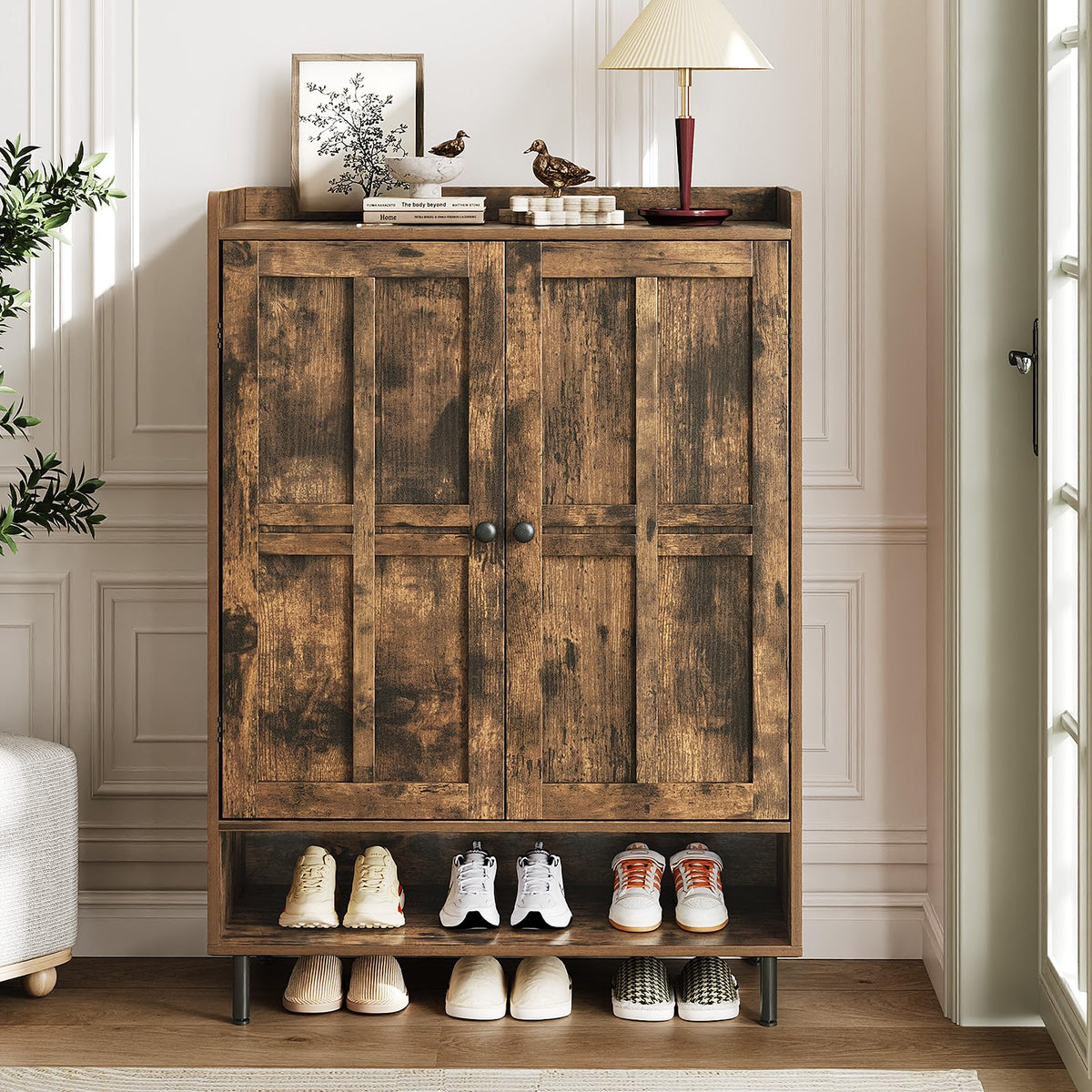 ComfyCorner Shoe Cabinet with Cross Molding Doors, 6-Tier Storage, Brown