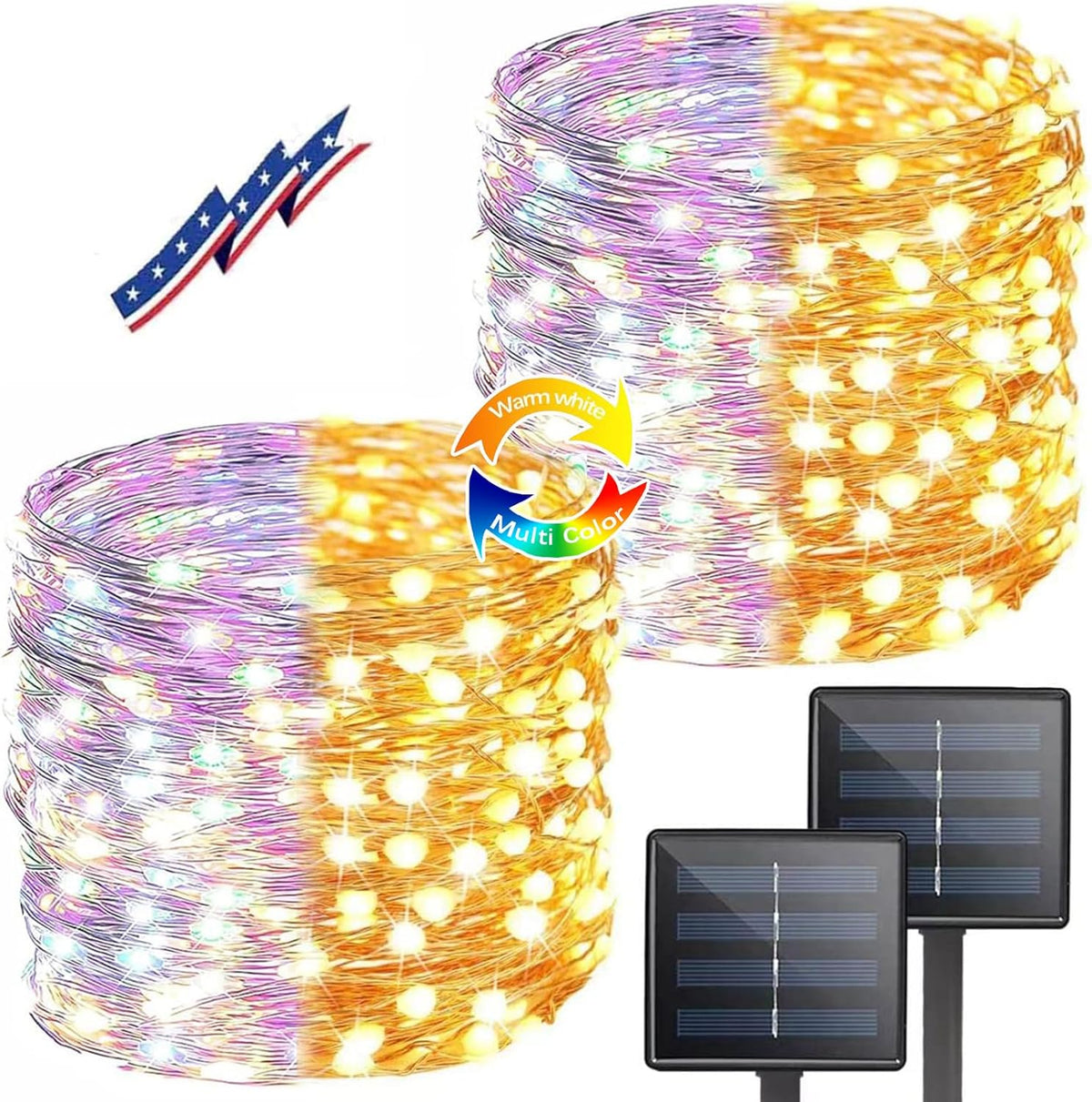 (Warm White ⇋ Multicolor) Solar Christmas String Lights Outdoor, 2-Pack 80FT 200 LED Waterproof