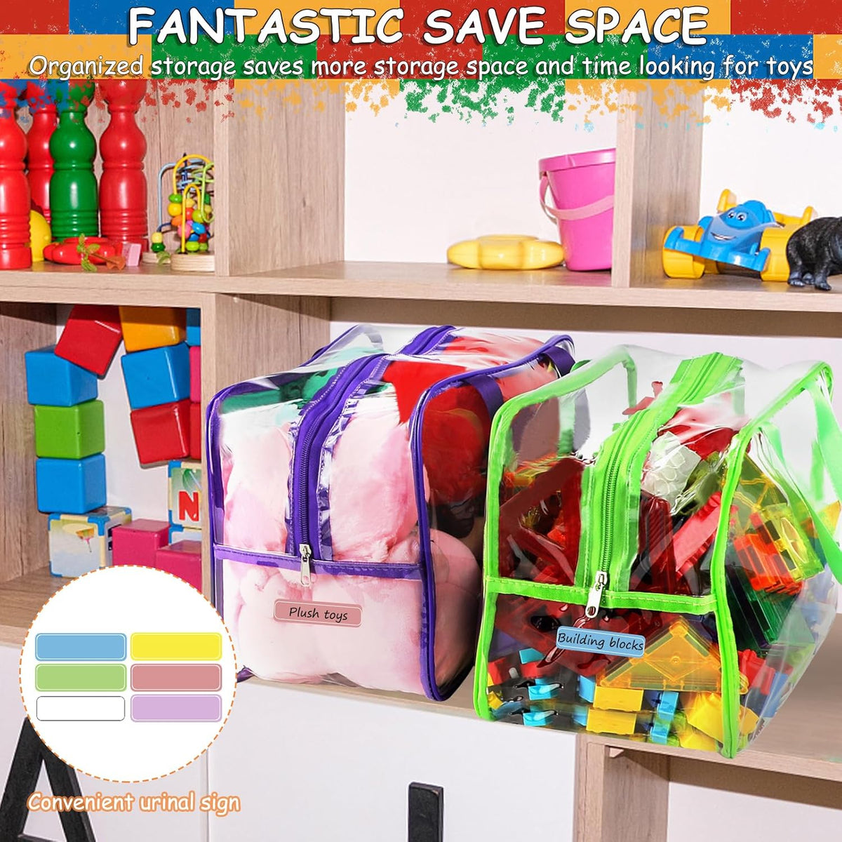 6 Colors Widen X-Large Toy Storage Bags 12.6×9.25×6.9In with Labels, Reusable Clear PVC Board Game