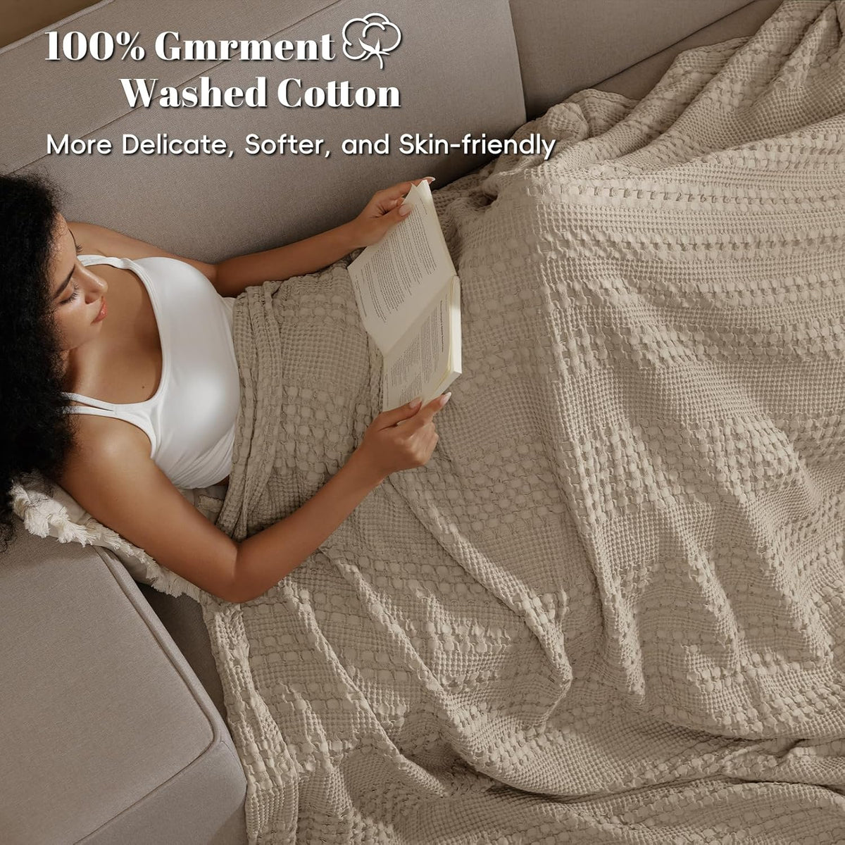 PHF 100% Cotton Waffle Weave Blanket Queen Size, Soft Lightweight Breathable Cozy Summer Blankets