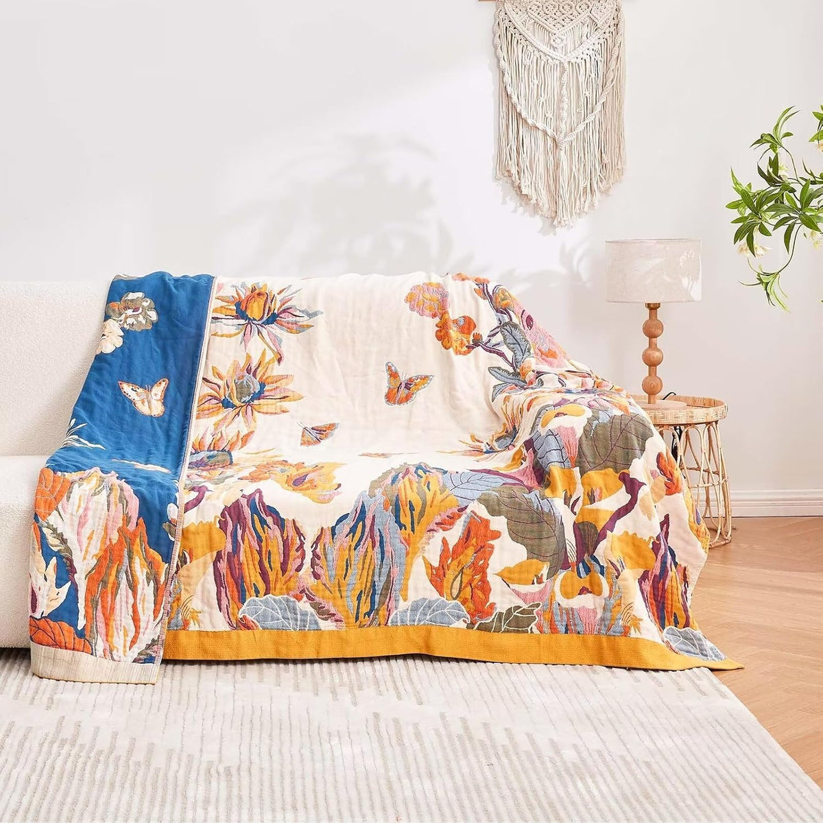 Boho Throw Blanket, 100% Cotton Ultra Soft Luxury Throw Rustic Quilt, 60"x80" Floral Bird Butterfly