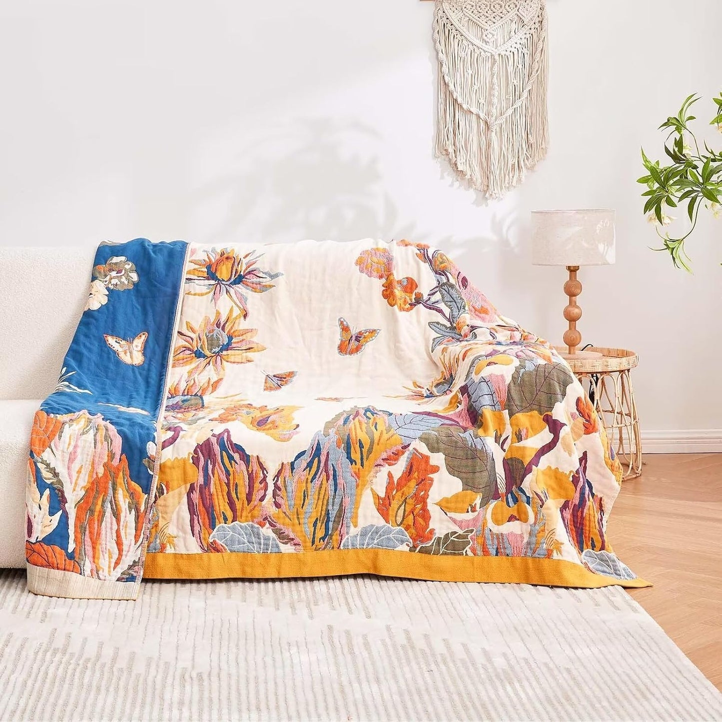 Boho Throw Blanket, 100% Cotton Ultra Soft Luxury Throw Rustic Quilt, 90"x98" Floral Bird Butterfly