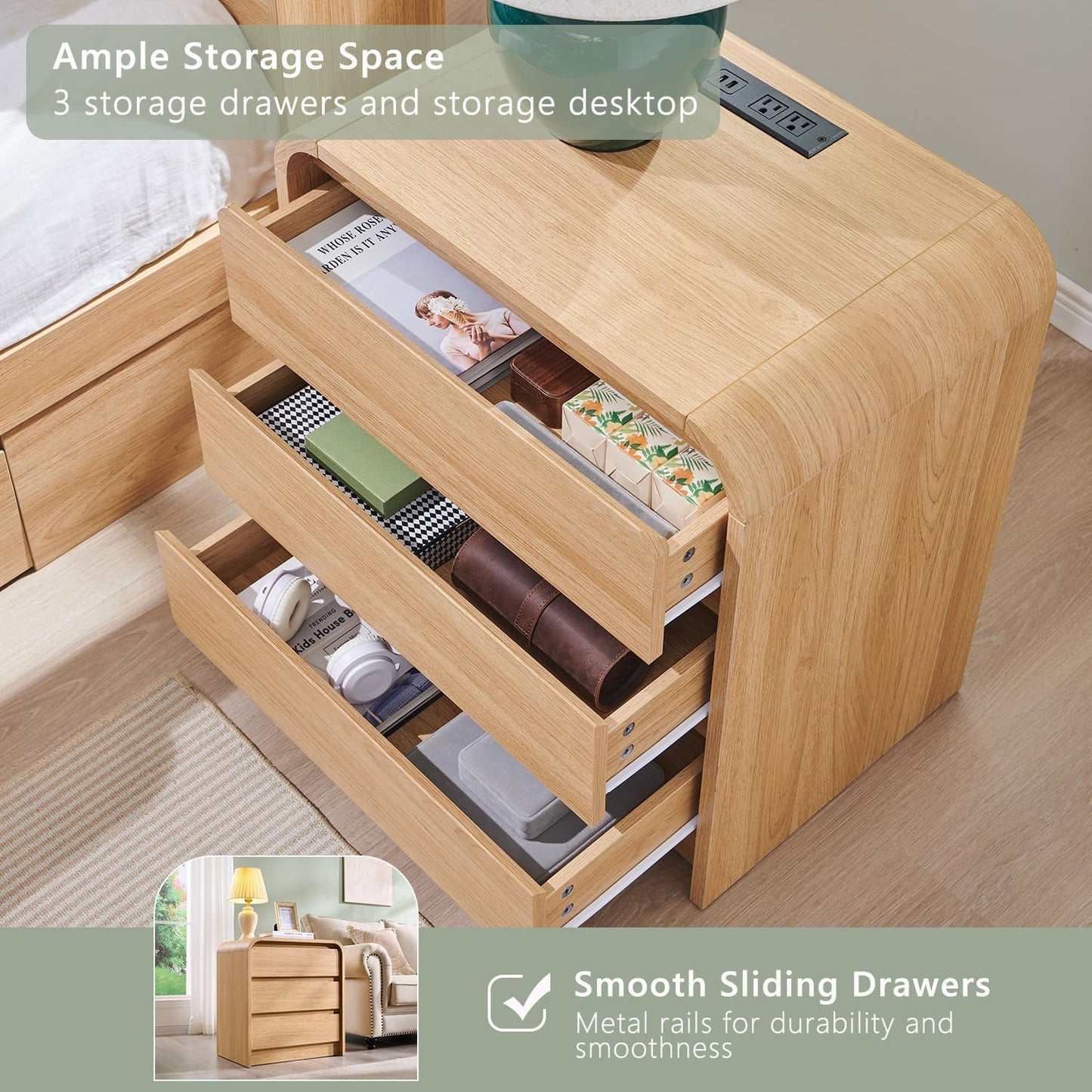 25" Tall Modern Nightstand Set of 2, 23.6" Wide Wood Bedside Table with Charging Station, 3 Storage
