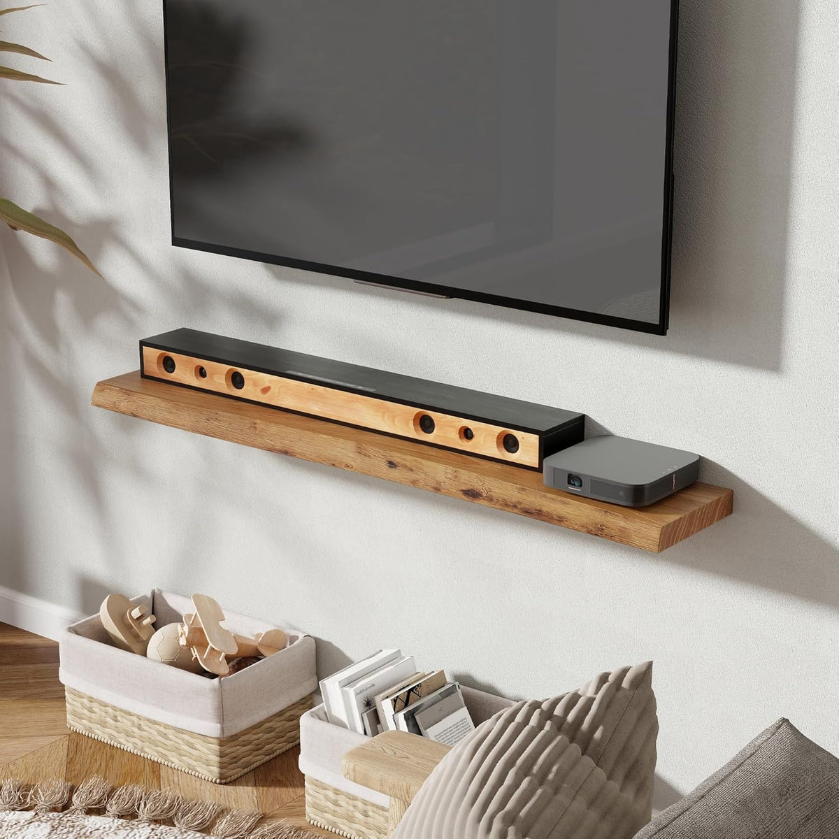Fun Memories 48" Floating Shelves for Wall, Live Edge Solid Elm Wood Floating Shelf with Invisible