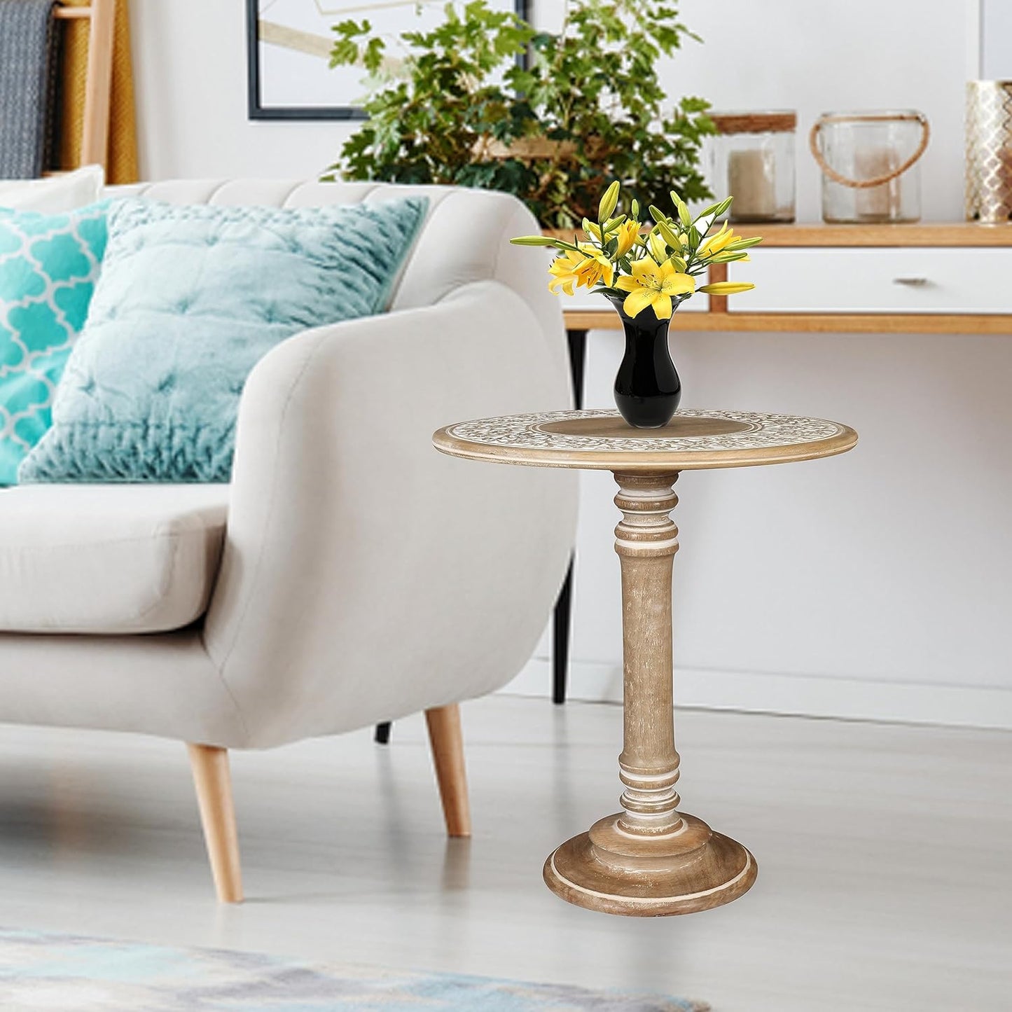 Lightnpro Carved Round End Table with Single Pillar - Handcrafted Accent Bedside Nightstand Side