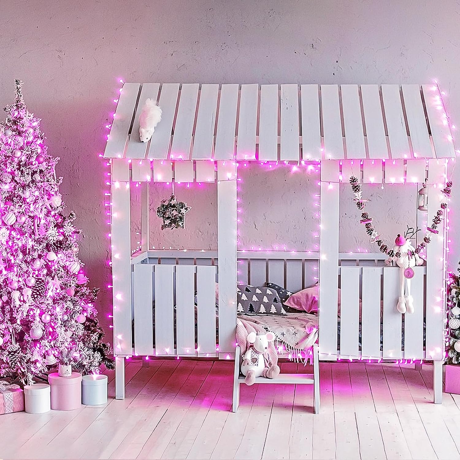 JMEXSUSS Connectable 100 LED Room Lights, 33ft 8 Modes Pink Christmas Lights Clear Wire, Plug in