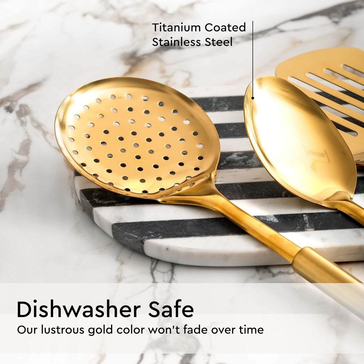 Gold Cooking Utensils Set – 5-Piece Stainless Steel Kitchen Tools for Modern Cooking and Serving