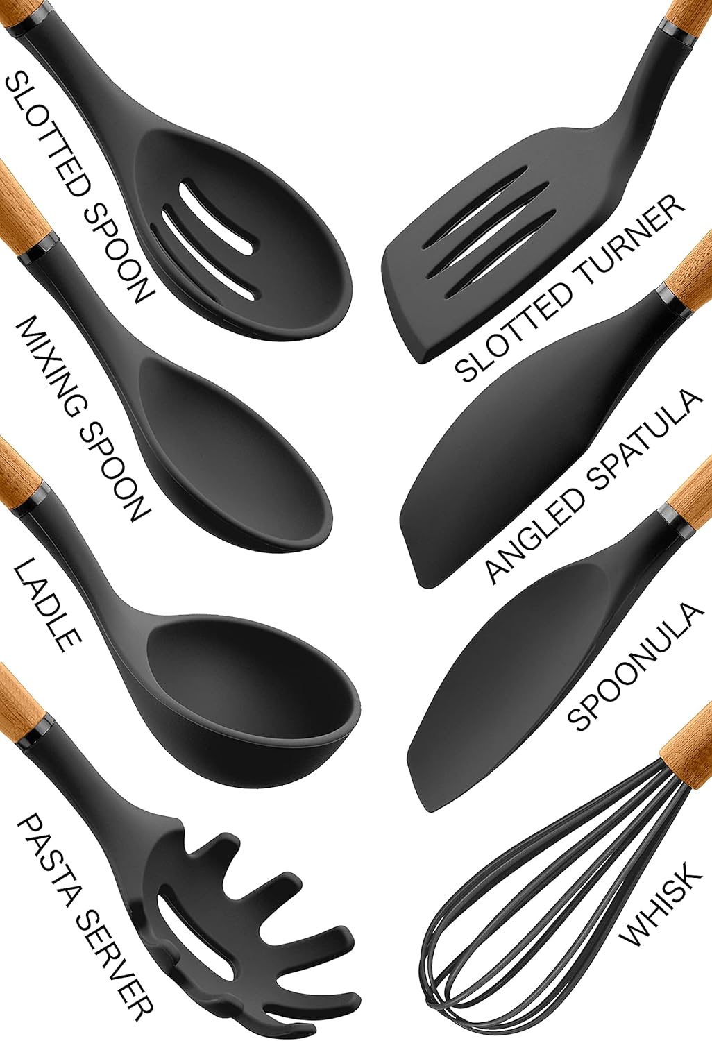 Country Kitchen Non Stick Silicone Utensil Set with Rounded Wood Handles for Cooking and Baking, 8