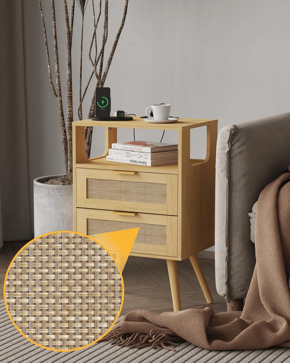 Rattan Nightstand with Charging Station,Modern Bedside Table with 2 Storage Drawer and Open Wood