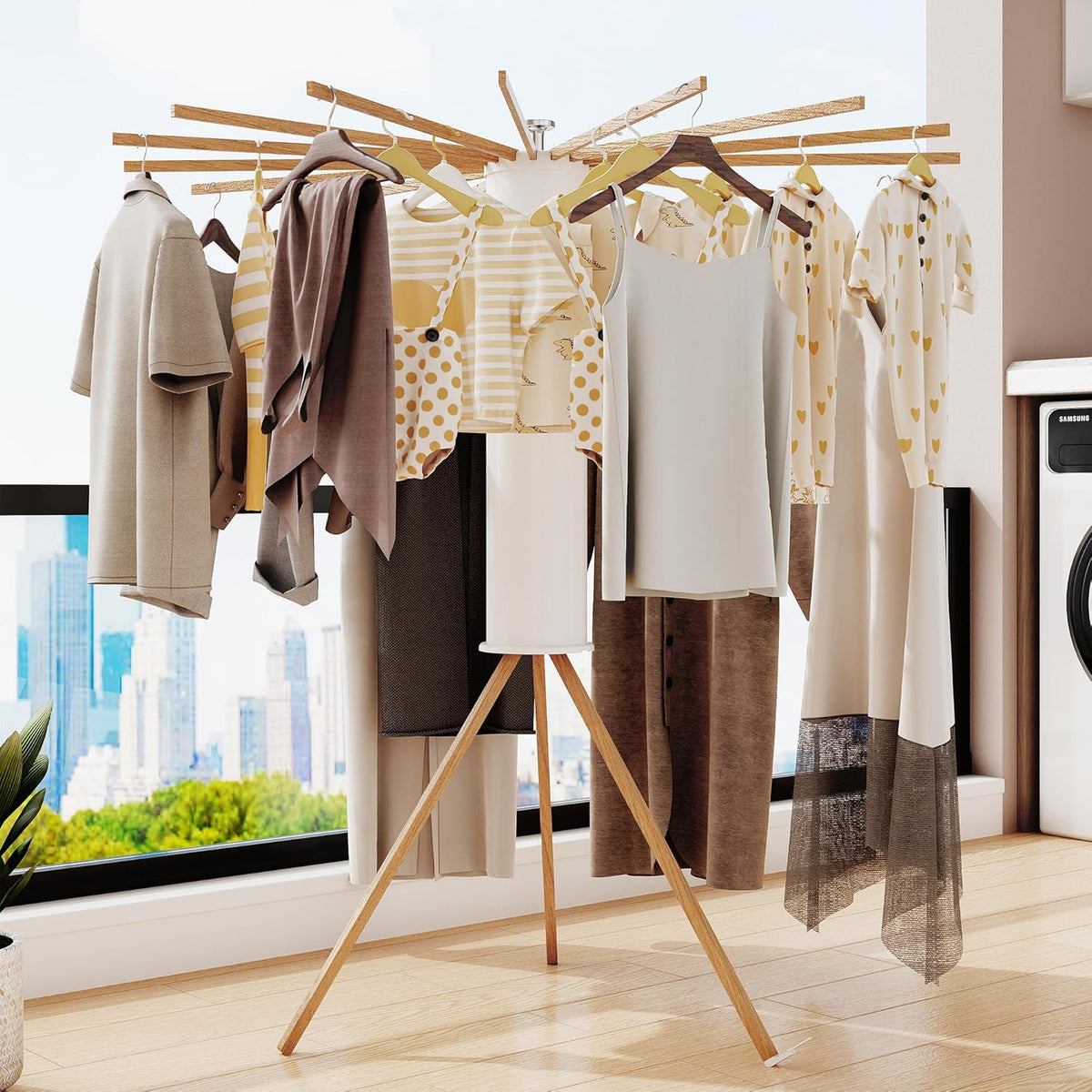 Clothes Drying Rack Tripod,Drying Rack Clothing,Laundry Drying Rack,Floor Standing,16 Wooden