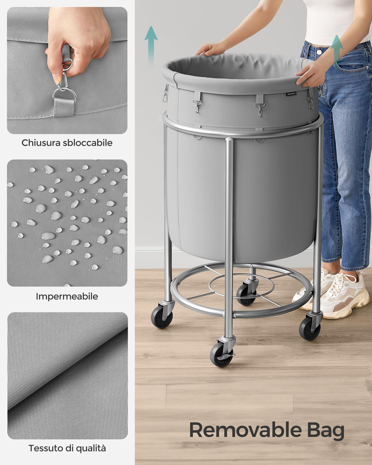 SONGMICS Laundry Basket, Rolling Steel Frame with 2 Locking Wheels, 110 L