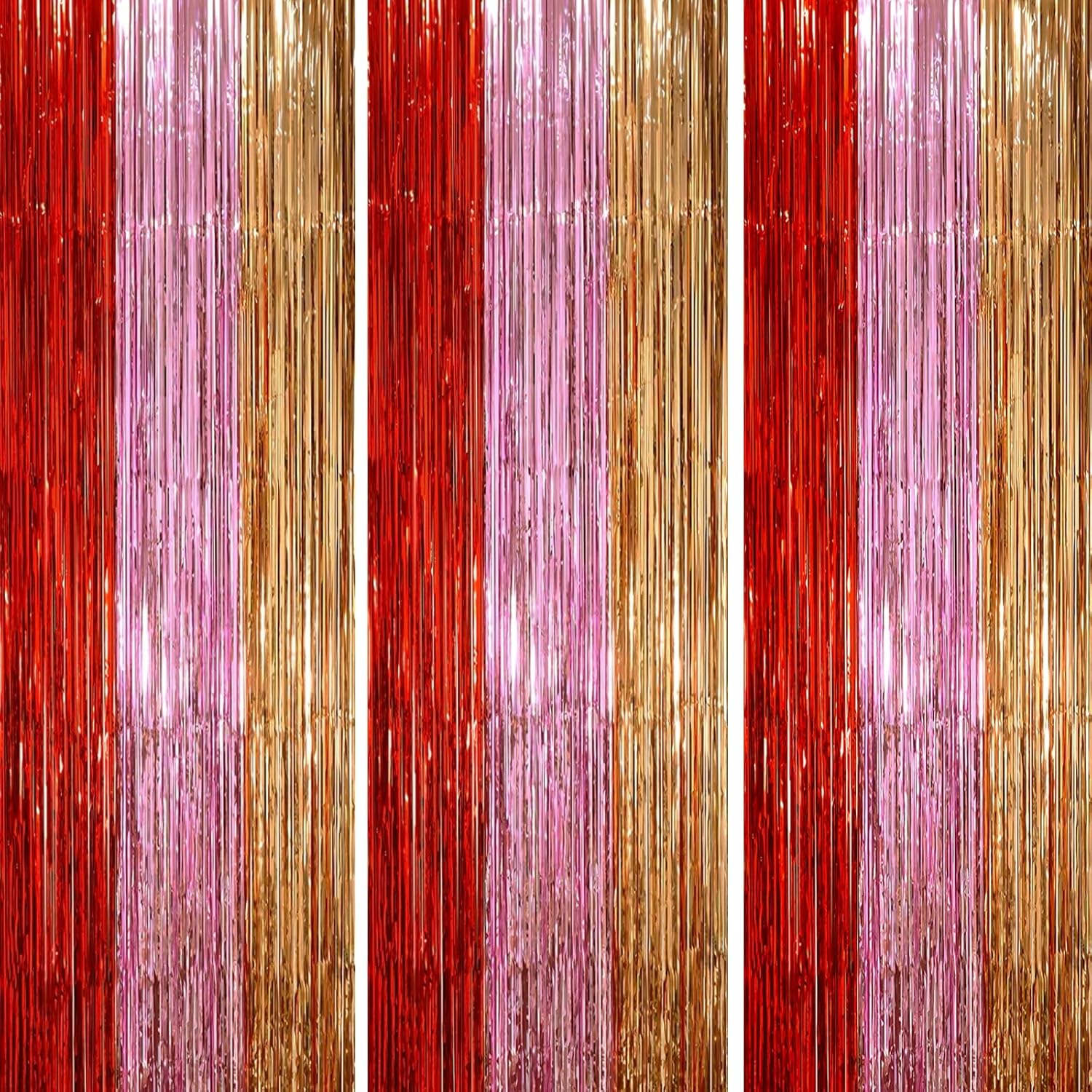 3 Pack 3.3 x 8.2 ft Valentine Foil Fringe Backdrop Curtains, Tinsel Streamers Party Decorations