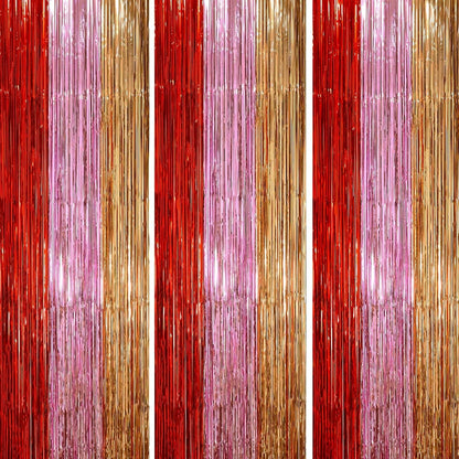 3 Pack 3.3 x 8.2 ft Valentine Foil Fringe Backdrop Curtains, Tinsel Streamers Party Decorations
