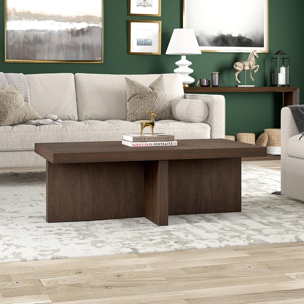 Henn&Hart 44" Rectangular Wood Pedestal Low-Profile Coffee Table for Living Room, Family Room, or