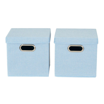 Household Essentials 816-1 Café Cube Bin Storage Set with Lids and Handles | 2 Pack, Baby Blue Linen