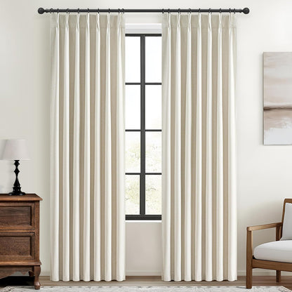 Room Darkening Cream Linen Curtains 90 Inches Long for Living Room, Neutral Pinch Pleated Blackout