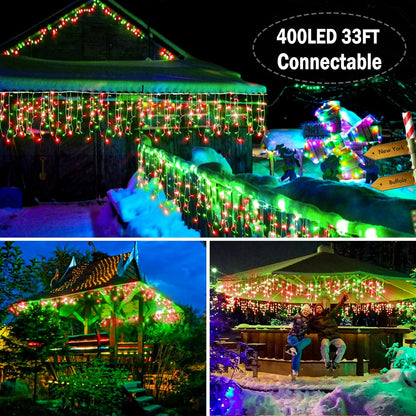 KNONEW Christmas Lights Outdoor Decorations 400 LED 33ft 8 Modes Curtain Fairy String Light with 75
