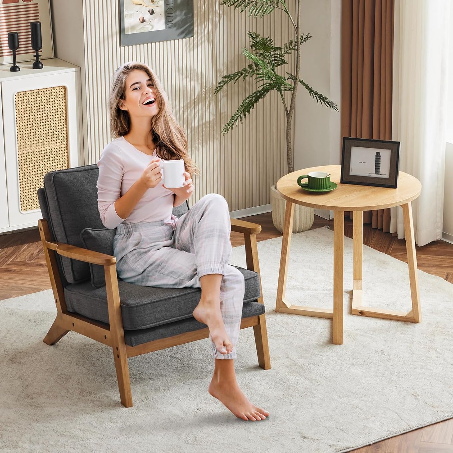 Karl home Accent Chair Wide Armrest Mid-Century Lounge Chair Linen Fabric Armchair with Lumbar