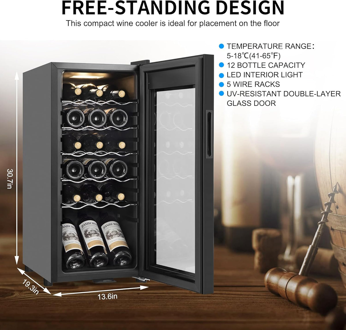 Wine Cooler Refrigerator 18 Bottles, Small Wine Fridge Mini Wine Fridge Countertop with Glass Door