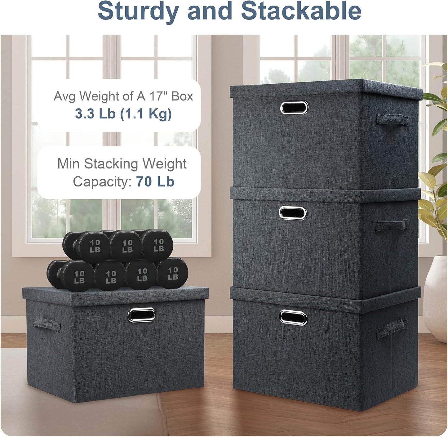 Large 17" 36 Quart Collapsible Stackable Storage Bins with Lids, 5 Packs Dark Gray Foldable Fabric