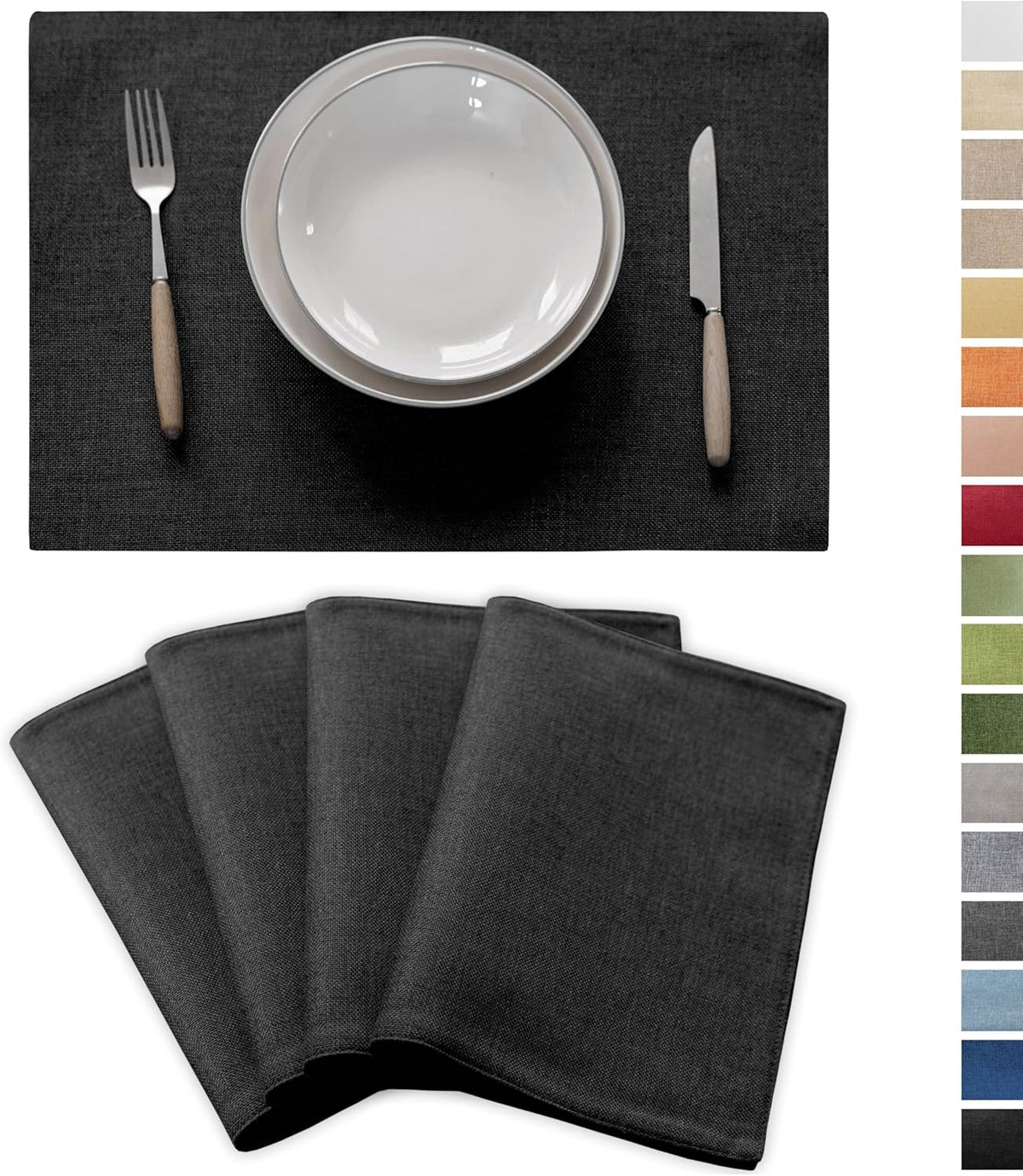 Demetex Black Placemats Set of 4 Stain Resistant Cloth Place Mats Heat Resistant Linen Table Plate