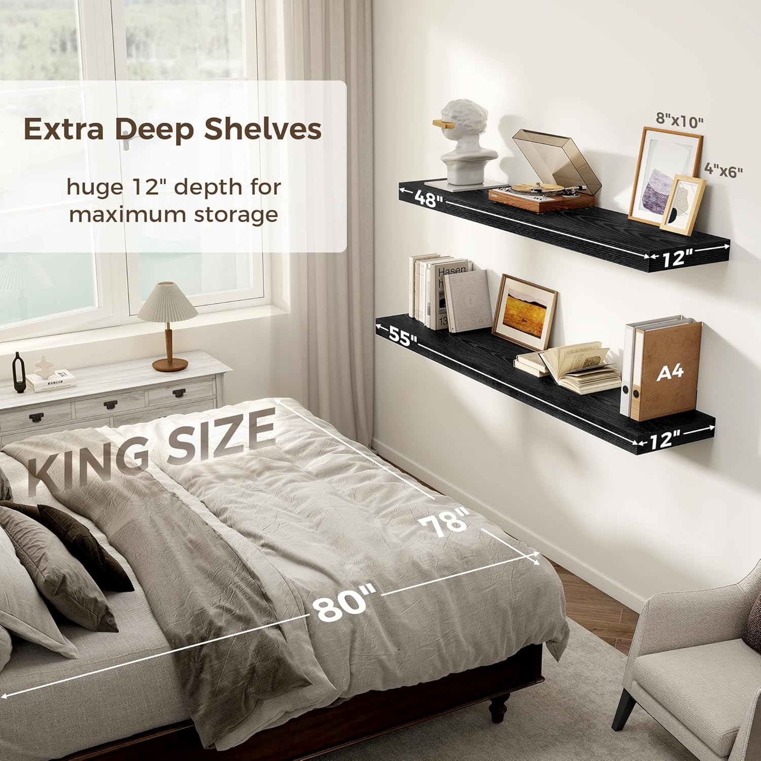 Black Floating Shelves 55 Inch Long, 12 Inch Deep Floating Shelves for Wall, 55 x 9 Large Floating