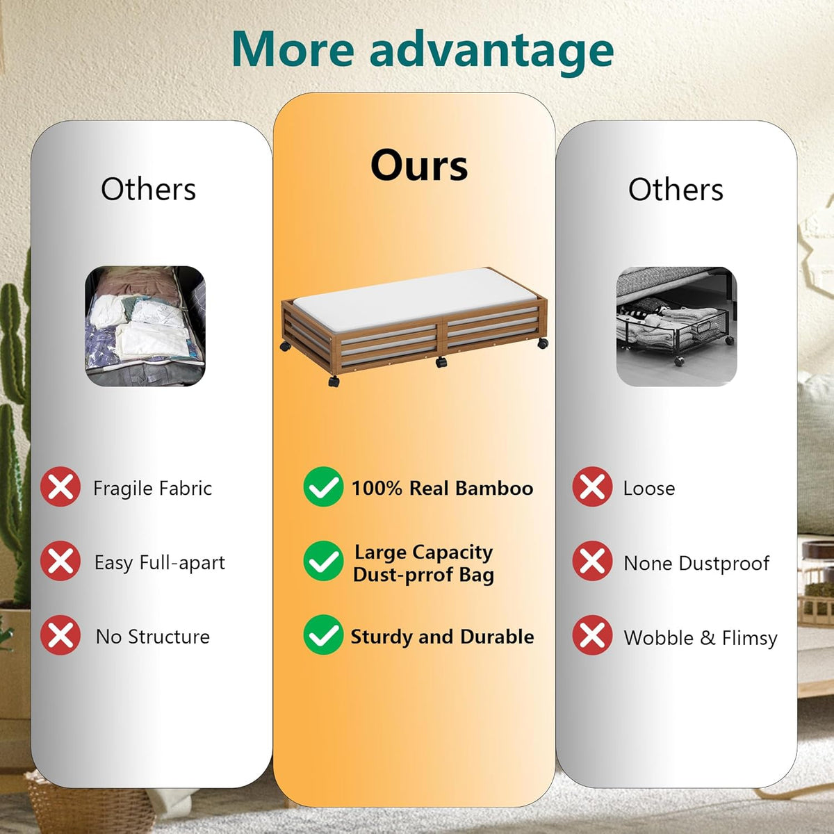 Bamboo Under Bed Storage Containers- Underbed Organizer with Wheels with Large Dust Bag,Sturdy Wood