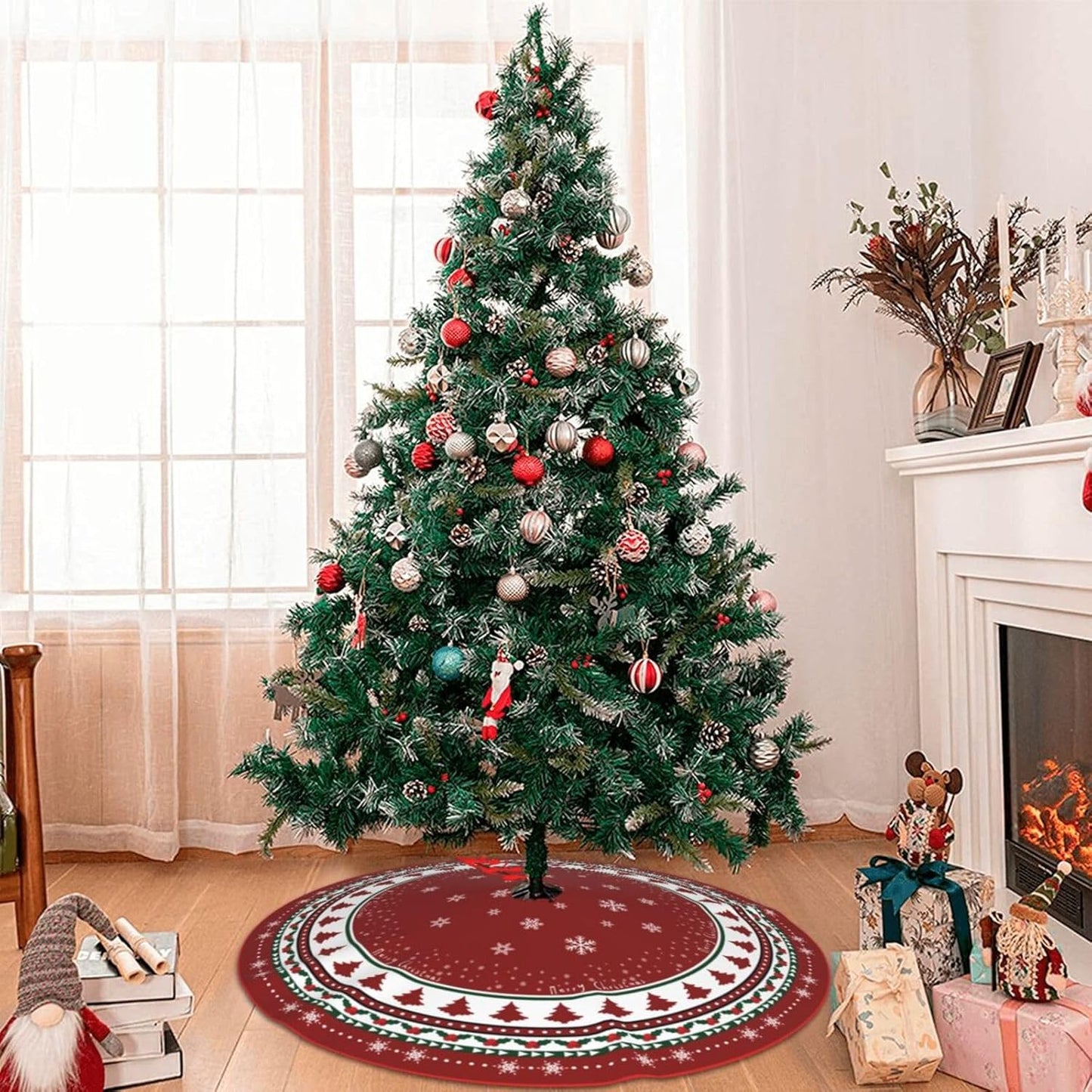 Christmas Tree Skirt 48 Inches, Red and Green Xmas Tree Mat with Winter Snowflake for Christmas
