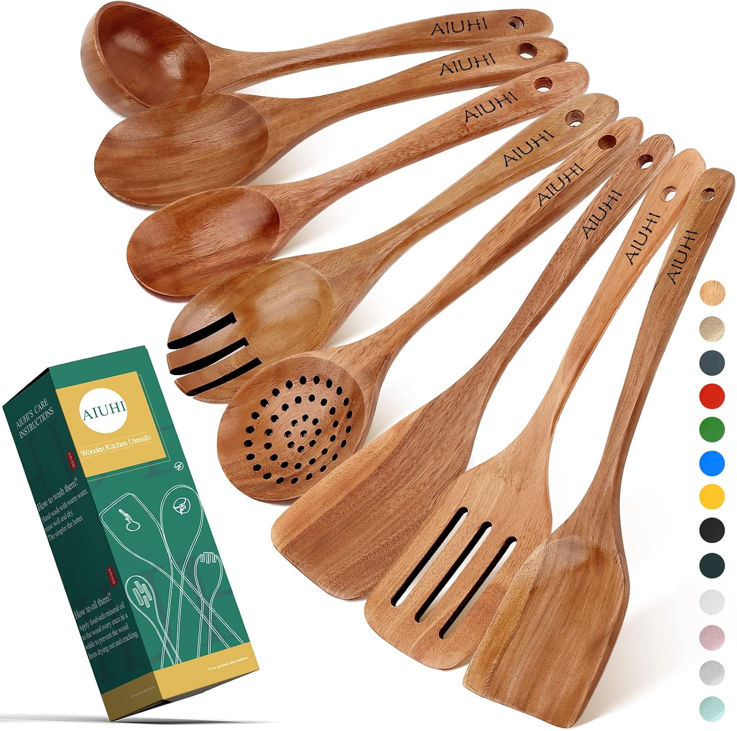 AIUHI Wood Spoons for Cooking, Nonstick Kitchen Utensil Set, Wooden Spoons Cooking Utensil Set Non