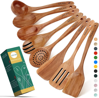 AIUHI Wood Spoons for Cooking, Nonstick Kitchen Utensil Set, Wooden Spoons Cooking Utensil Set Non