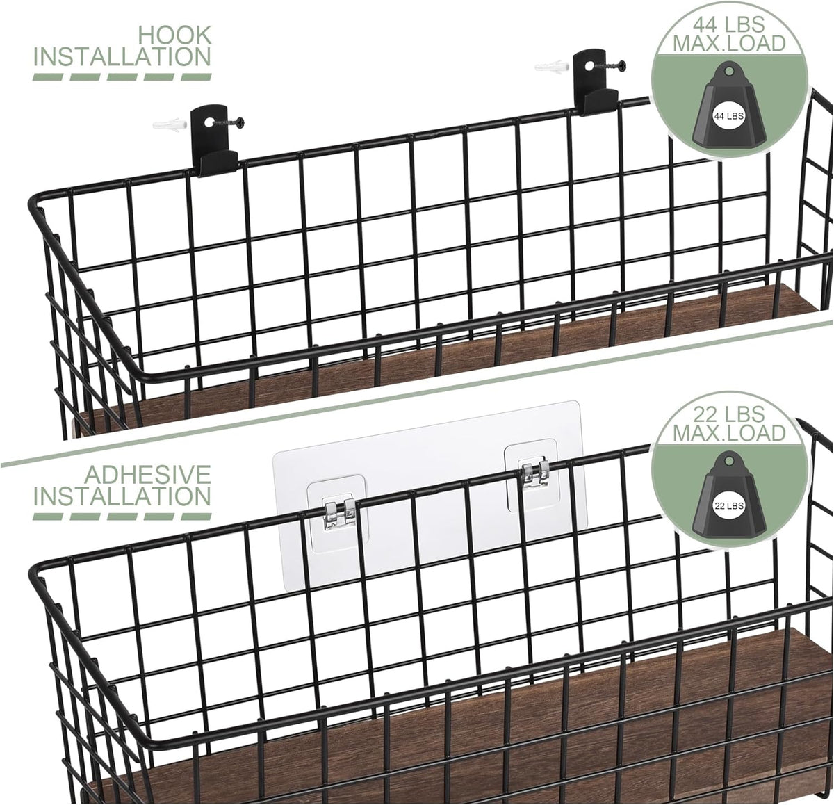 Wall Hanging Baskets 3 Pack, Extra Large Diversified Wire Basket Shelves of Wooden Style, with Wall