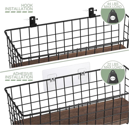 Wall Hanging Baskets 3 Pack, Extra Large Diversified Wire Basket Shelves of Wooden Style, with Wall
