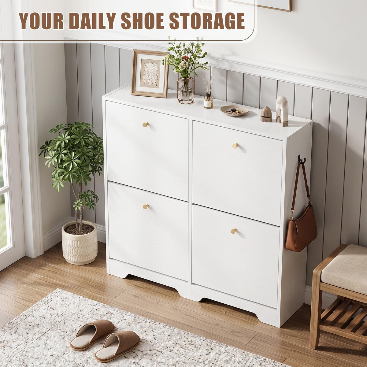 Nicetree Shoe Cabinet, 4 Flip Drawers Slim White Entryway Storage