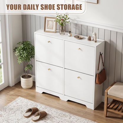 Nicetree Shoe Cabinet, 4 Flip Drawers Slim White Entryway Storage