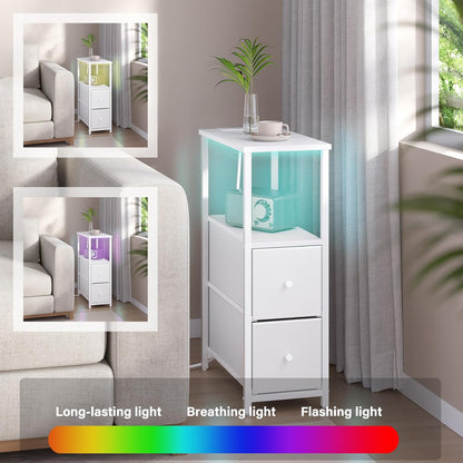 TUTOTAK Small Narrow LED End Table with Charging Station, Side Table Outlets, Nightstand with 2