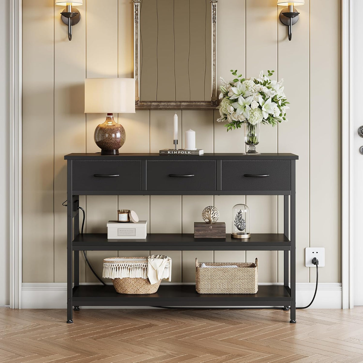 Lulive Entryway Table with Power Outlets, Console Table with 3 Fabric Drawers, Sofa Table for
