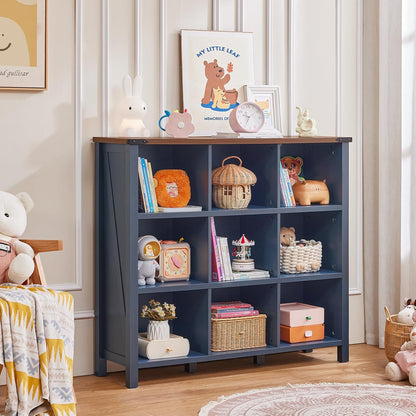 9 Cube Bookcase, Farmhouse 47 Inch Wide Navy Blue Bookshelf, Wooden 3 Tier Display Large Open Book