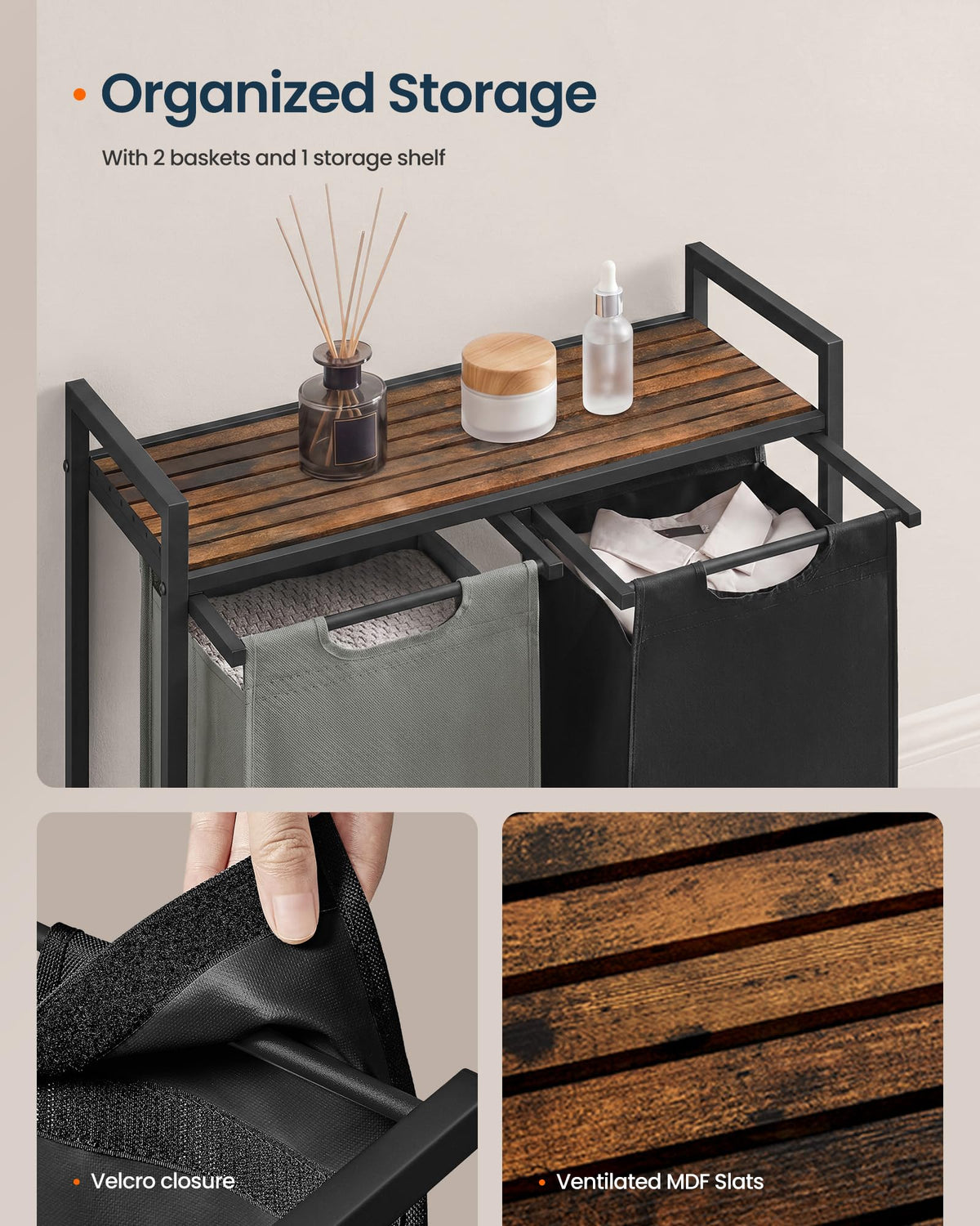 SONGMICS HOME Laundry Basket Sorter with Storage Shelf, Laundry Hamper with Metal Frame, 2 x 12.1