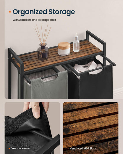 SONGMICS HOME Laundry Basket Sorter with Storage Shelf, Laundry Hamper with Metal Frame, 2 x 12.1