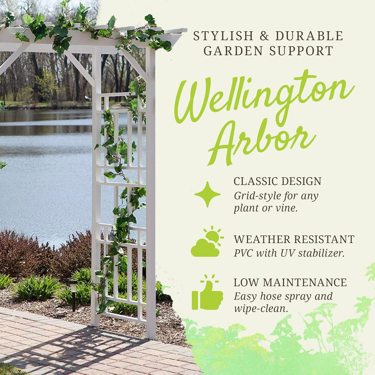 Dura-Trel Wellington Arbor, Vinyl Garden Archway for Outdoors, White, 72" x 85" - Backyard