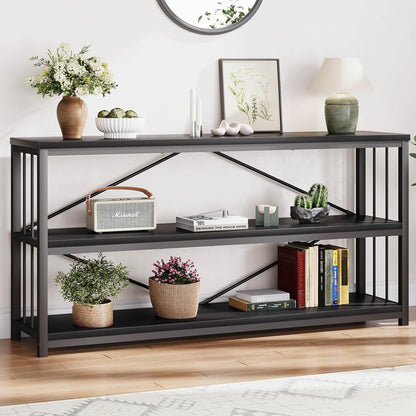 LVB Black Entryway Table, Modern Extra Long Sofa Console Table, Metal Wood Narrow Hallway Table