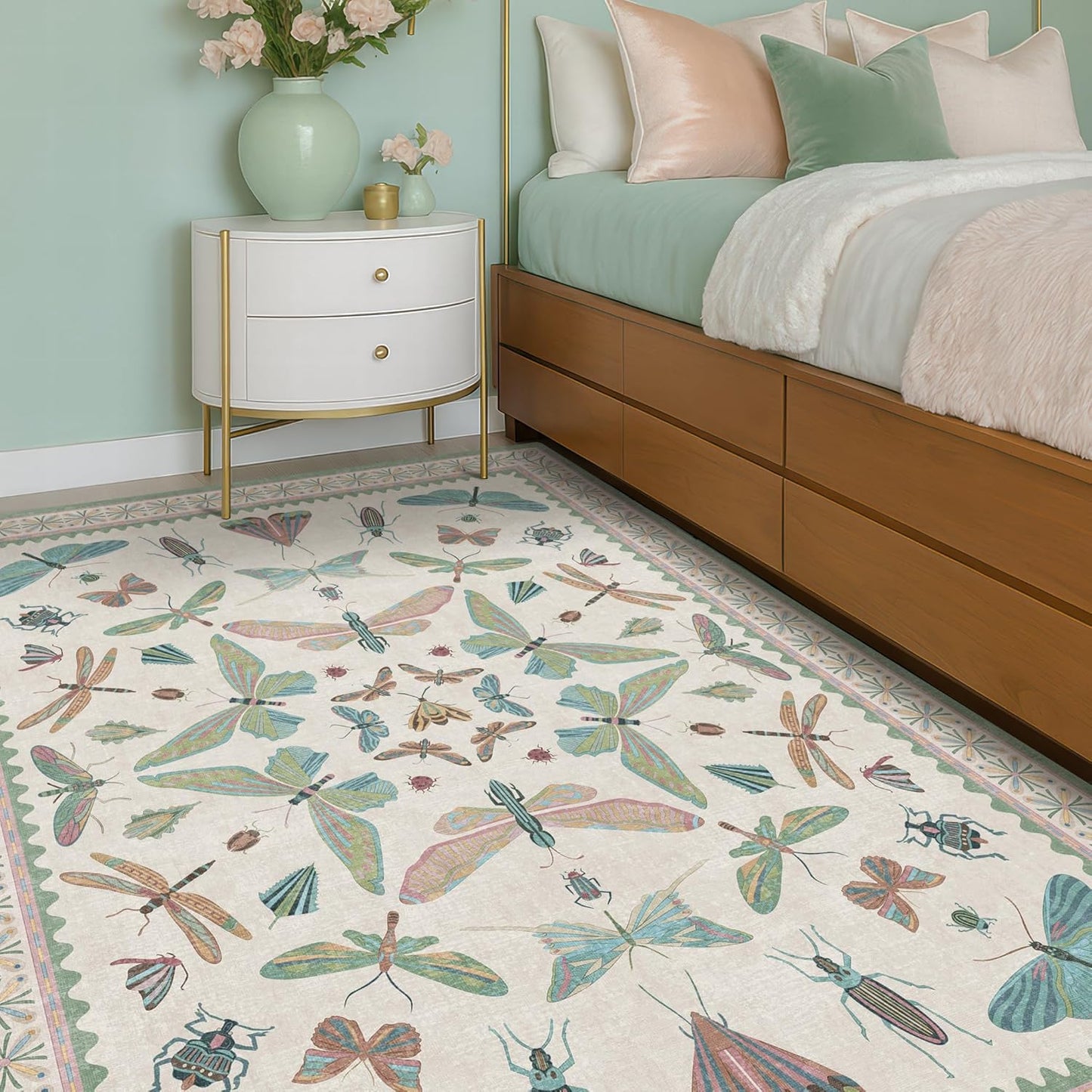 5x7 Pink and Green Nursery Rug - Colorful Rug for Bedroom, Living Room, Insect Butterfly Floral